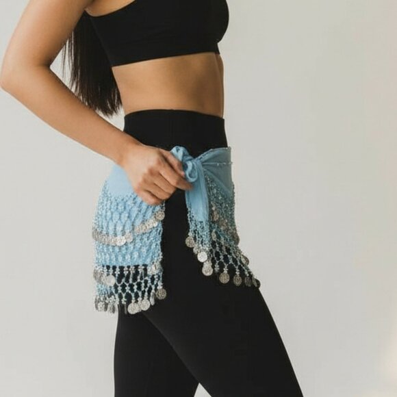 Turquois Belly Dance Hip Scarf with Silver Coins - Picture 2 of 10